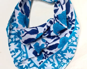 Pure Cotton Hand Block Printed Blue Bandanas For Women Gift Small Scarfs Indian Design 20 inch Size Hairband Chest Cover Handmade Bandana