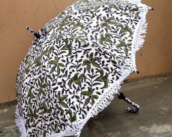 Handmade Green Floral Parasol: Indian Wedding Decor, Cotton Umbrella