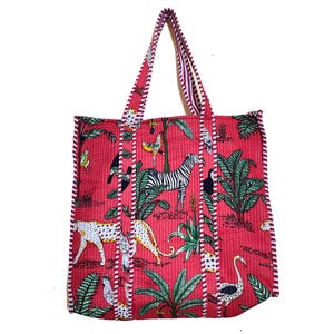 Quilted Red Tote Bags quilted women reversible Indian Handmade Large Travel bag for Her jungle design totes bag