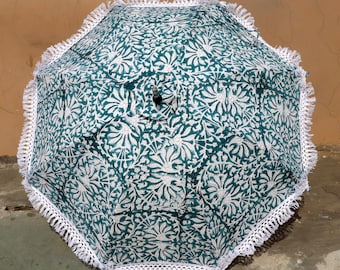 Handmade Blue Floral Parasol: Indian Cotton Decorative Umbrella