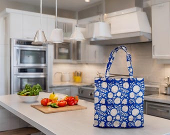 Blue Floral Handblock Canvas Tote Bag: Reusable Shopping Shoulder Bag
