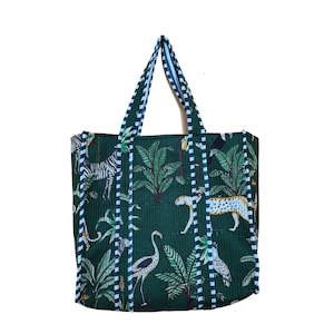 Cotton Large Green Women Tote Bag Handmade Block Jungle printed reversible Quilted Travel Bags Gift for her