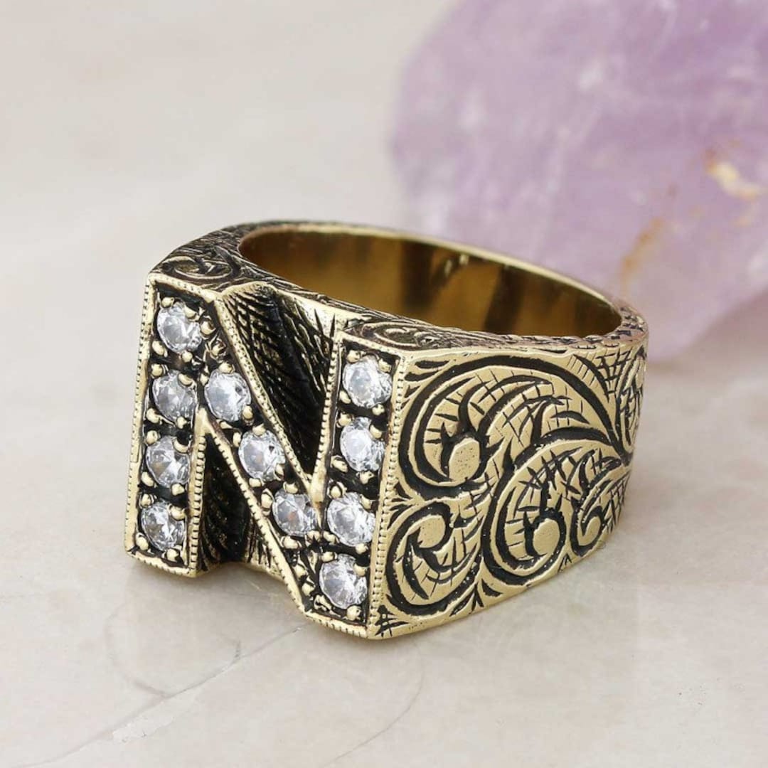 N letter old english ring men sterling silver biker handmade initials  personal | eBay
