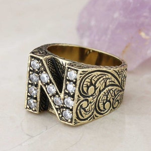Anillo de letras N de plata, Anillo del alfabeto N, Anillo inicial de la A a la Z, Anillo de tipo del alfabeto plateado, Anillo de la letra de plata Alfabeto en negrita Anillo celta