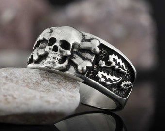Silver Skull And Leaf Motif Ring, Silver Skull Band Ring, 925 Sterling Silver Skull Model Ring