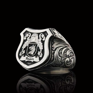 Custom Signet Ring: Personalized Family Crest Coat of Arms Ring for Men Sterling Silver