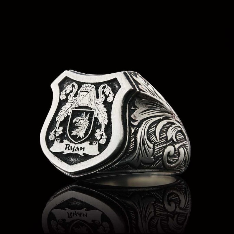 Custom Signet Ring: Personalized Family Crest Coat of Arms Ring for Men Sterling Silver
