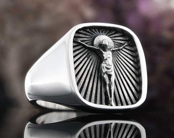 CRUCIFIED JESUS RING , Silver Jesus Christ Ring, Savior Jesus Signet Ring, Christian Religious Ring, Religious Ring
