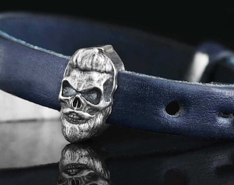 Silver Skull Bracelet, Silver Skull Leather Bracelet, 925 Sterling Silver Skull Model Leather Bracelet