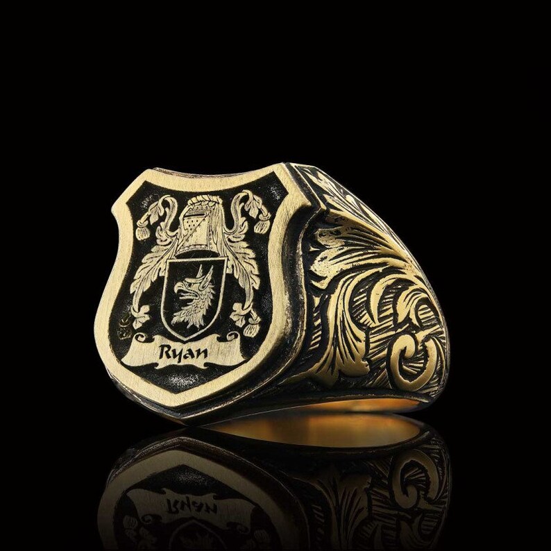 Custom Signet Ring: Personalized Family Crest Coat of Arms Ring for Men Gold Plated Silver