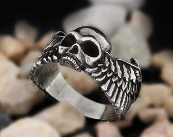 Winged Skull Ring, Sterling Silver Skull Ring, Skull Ring