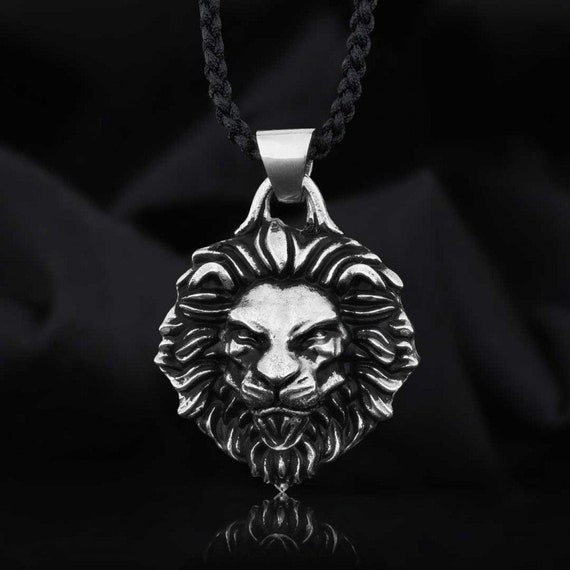 Silver Lion Necklace, Lion Head Mens Pendant, 925 Sterling
