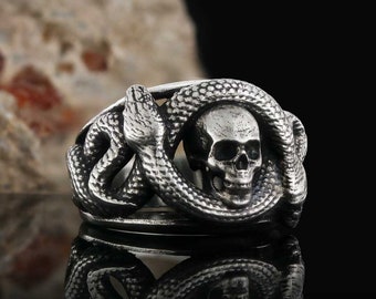 Silver Snake and Skull Ring, Sterling Silver Snake Ring, Silver Skull Ring