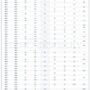 May include: A chart showing international ring sizes in millimeters, inches, and various sizing systems, including US, UK, Europe, China, Singapore, Hong Kong, and Switzerland.