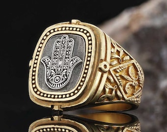 Sterling Silver Hamsa Hand of God Ring, 925K Sterling Silver Hamsa Hand Religious Ring,  Silver Gold Plated Mens Hamsa Ring,  Hand of God