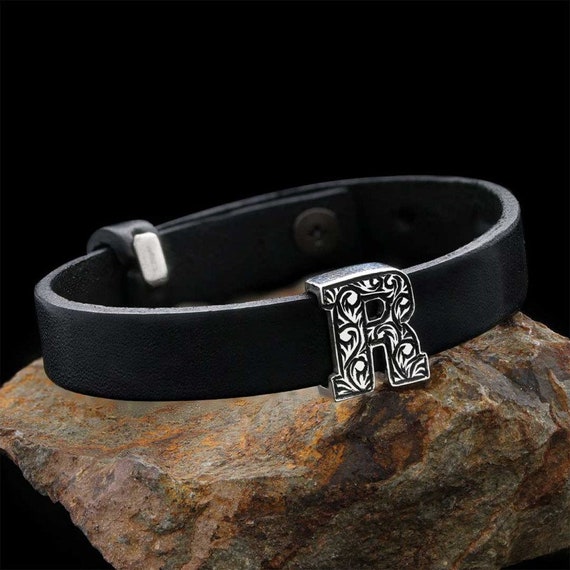 R Initial Leather Bracelet Letter R Bracelet Monogram R 