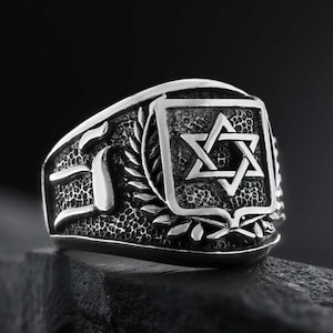 Silver Star Of David With Chai Ring, 925K Sterling Silver Jewish Ring,  Sterling Silver Israeli Ring, David Star Hebrew Ring