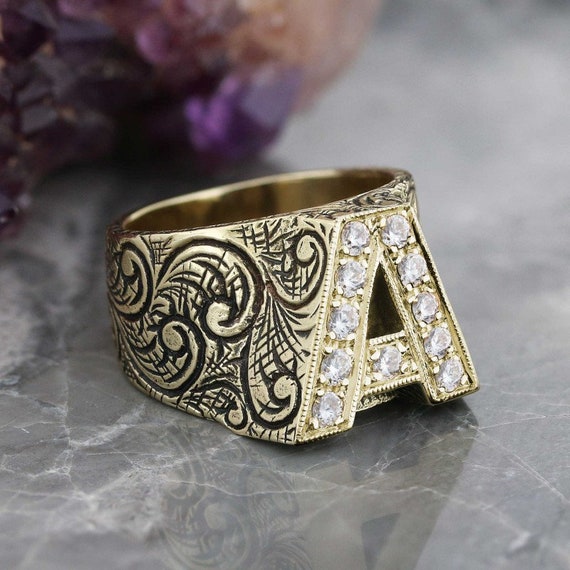Letter N 14KT Yellow Gold Initial Ring