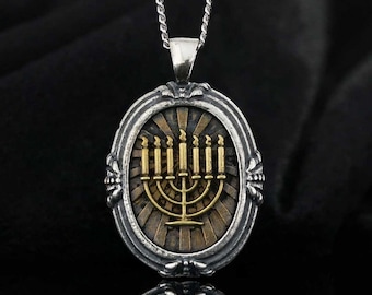 SILVER MENORAH PENDANT, Hanukkah Menorah Necklace, Sterling Silver Menorah Pendant, Jewish Menorah Pendant, Hebrew Menorah Medallion