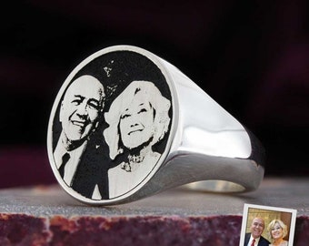 Sterling Silver Personalized Photo Signet Ring, Engraved Picture Ring