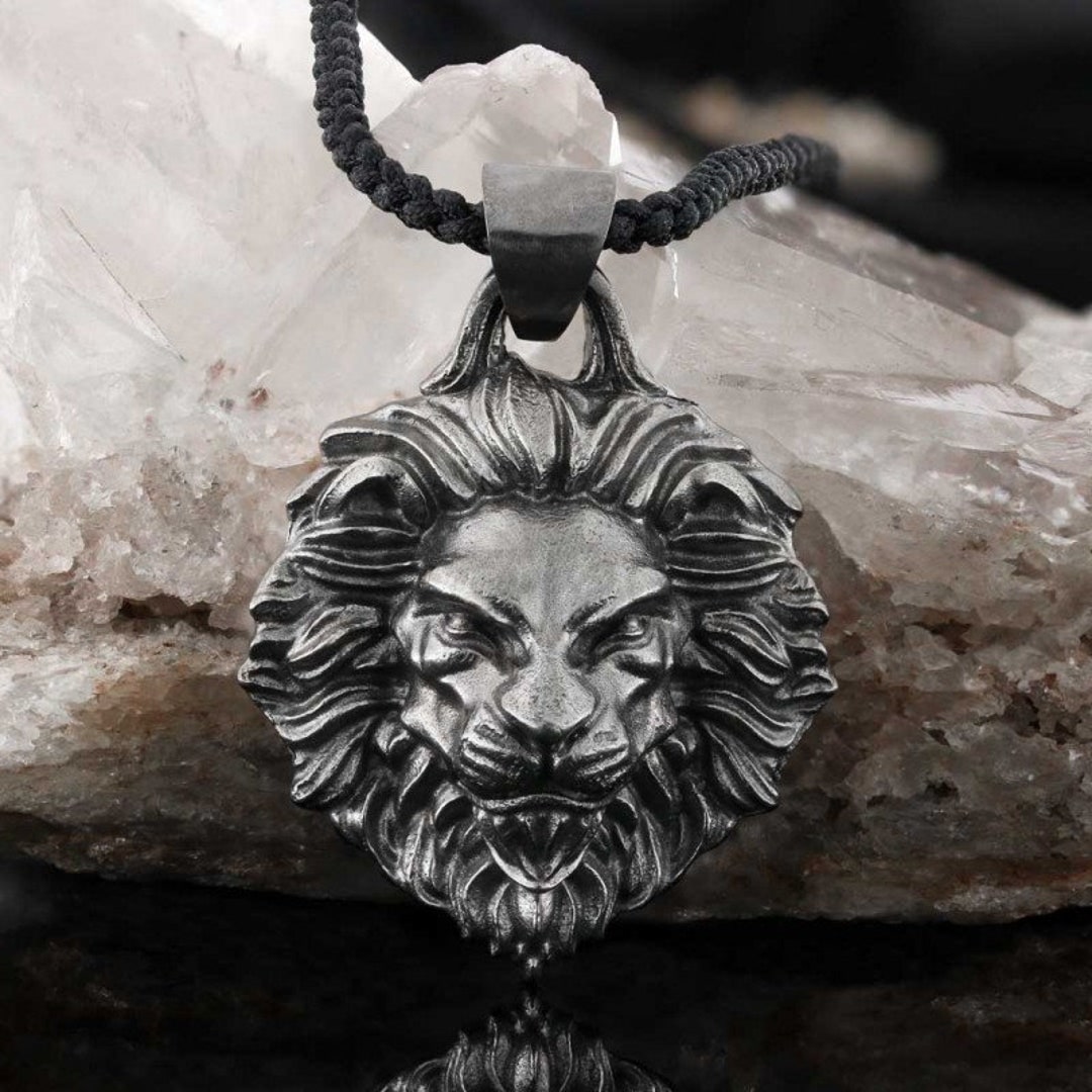 Mens Sterling Silver Plated Copper Lion Head Pendant Necklace For