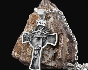 925 Collar de Crucifijo de Jesús de Plata Esterlina, Colgante de la Cruz de Cristo Jesús, Colgante Religioso para Hombres, Accesorio Cristiano de Plata, Regalo Jesús para Hombres