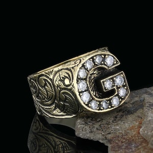 Anillo de letras G de plata, Anillo del alfabeto G, Anillo inicial de la A a la Z, Anillo de tipo del alfabeto plateado, Anillo de la letra de plata Alfabeto en negrita Anillo celta