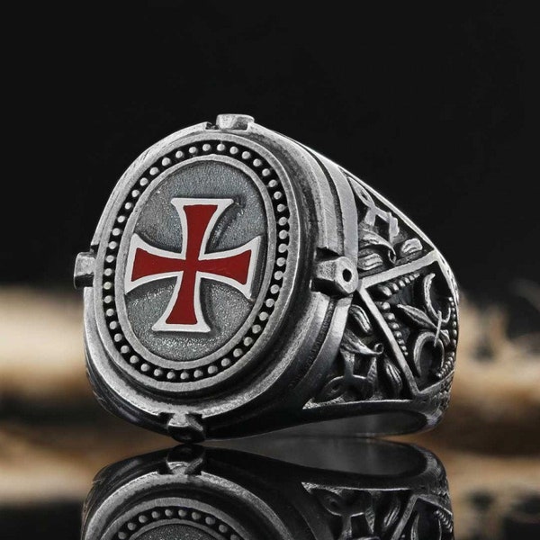 Red Cross Christian Ring, Silver Knights Templar Ring, The Order of Solomon Temple Signet with Cross Red Enamel Ring,