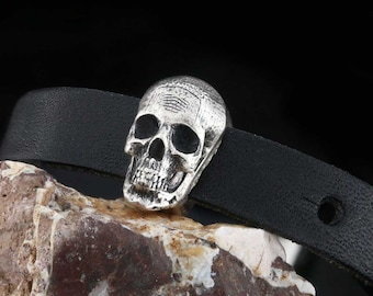 Silver Skull Bracelet, Silver Skull Leather Bracelet, 925 Sterling Silver Skull Model Leather Bracelet