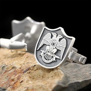 Gemelo Spes Mea In Deo Est, gemelos de albañil de diseño especial de plata de ley 925, gemelos de albañil con logotipo personalizado, gemelos de albañil de 32º grado