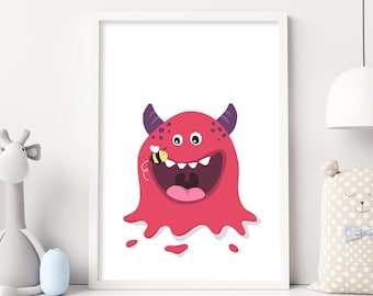 Kids Cute Red Monster Art Print, Monster Poster, Funny Monster Nursery Wall Art, Boys and Girls Playroom, Children Bedroom, Kids Room Decor