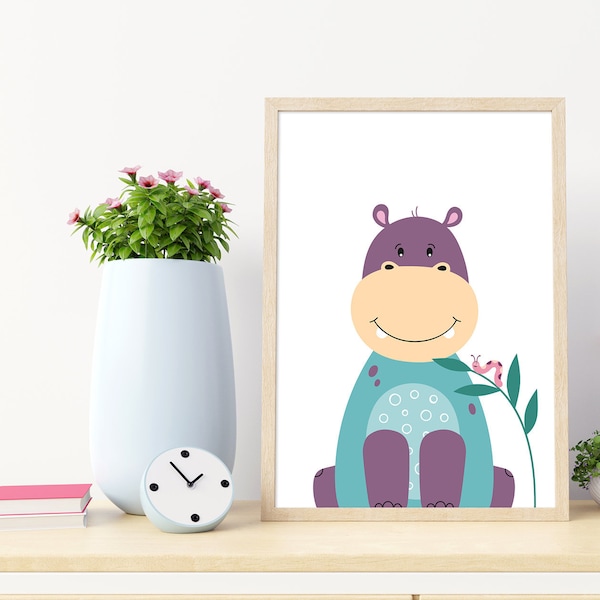 Cute Hippo, Animal Nursery Print, Hippopotamus Nursery Decor, Kids Room Decor, Kids Playroom Wall Art Poster, Cute Girls or Boys Print