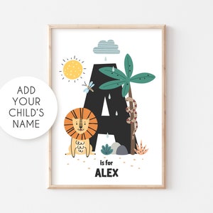 Initial Print, Safari Jungle Animals, Alphabet Print, Personalised Nursery Print, Monogram Print, Letter Wall Art, Childs Name Print, Zoo