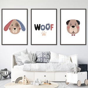 Arte de la pared del vivero del perro, las huellas del perro, el cartel del perro lindo, las impresiones de los animales de la guardería, las razas de perros, el vivero del cachorro, el conjunto de 3 impresiones, la decoración de los niños, la mascota