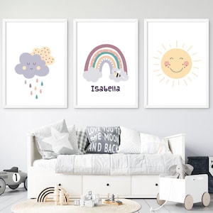 Set di 3 stampe Meteo - Nuvole, Arcobaleno, Sole, Nome posto per bambini, Regalo baby shower, Arte della parete arcobaleno, Nuvola carina, Sole, Stampa iniziale