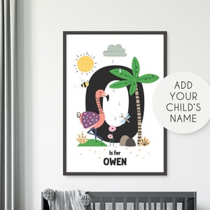 Impresión de flamenco tropical Inicial, Safari Jungle Animals, Alfabeto, Impresión infantil personalizada, Impresión de monograma, Arte de la pared de letras, Nombre de los niños