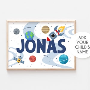 Impresión de nombre personalizado, vivero inicial, impresión de nombre de los niños, cartel del cohete, sistema solar, decoración de la pared del niño del bebé, cartel del nombre personalizado, regalo del bebé