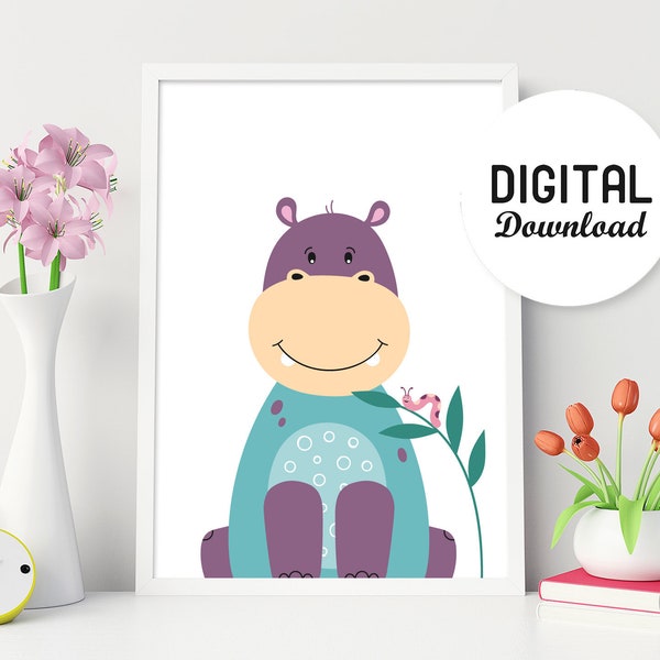 Hippopotamus Printable Nursery Art, Kids Cute Hippo Art Print, Hippo Nursery Decor, Kids Room Decor, Digital Download, Printed Wall Art