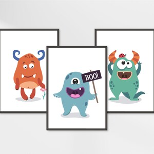 Lindos monstruos impresión, conjunto de 3 impresiones, pequeños monstruos, cartel de monstruo, divertido monstruo vivero pared arte, decoración de la habitación de los niños, decoración del monstruo