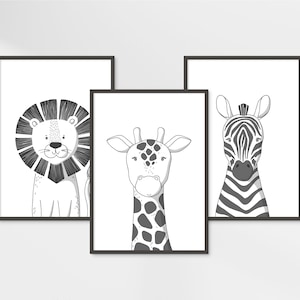 Set of 3 Safari Animal Prints, Lion, Giraffe, Zebra Prints, Kid Room Decor, Nursery Wall Art, Jungle Nursery Prints, Neutral Nursery Poster