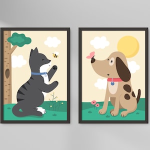 Cat and Dog Prints, Set of 2 Nursery Prints, Cat Wall Art, Animal Nursery Art, Cat Lovers, Dog Prints, Dog Wall Decor, Pet Nursery Posters