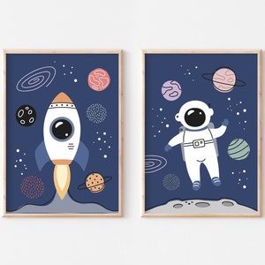 Arte de pared de astronauta, Decoración de pared de tema espacial, Póster de astronauta, Impresión del sistema solar, Decoración del espacio exterior, Arte de pared espacial, Vivero espacial, Cohete