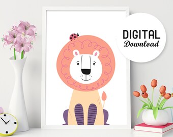 Lion Printable Nursery Art, Kids Cute Lion Art Print, Lion Nursery Decor, Kids Room Decor, Digital Download, Printed Wall Art, Baby Lion