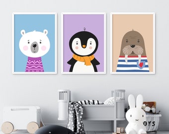 Set of 3 Nursery Prints, Polar Bear Print, Penguin Poster, Walrus Print, Winter Cute Animals, Nursery Wall Art Decor, Kids Room Decor