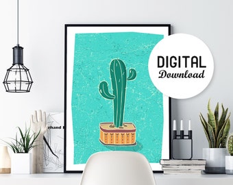 Cactus Wall Art Print, Printable Digital Download, Turquoise, Mexican Poster, Modern Decor, Botanical Succulent, Mexican Wall Art, Cactus