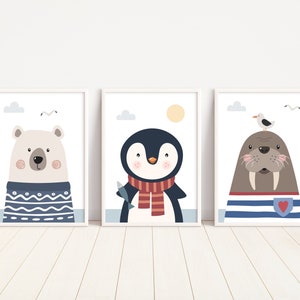 Juego de 3 estampados de animales árticos, oso polar, morsa, pingüino, guardería de animales de invierno, decoración de la habitación para niños, arte de pared de guardería, salvaje, habitación para niños, lindo