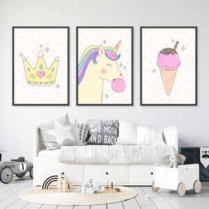 Set of 3 Pastel Prints, Unicorn Print for Nursery, Ice Cream Poster, Crown Nursery Wall Art Decor, Baby Decor, Kids Room Decor, Baby Gift
