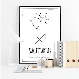 Sagittaire Zodiac Sign Print, Constellation Print, Signe d’étoile, Impression astrologie, Art mural du zodiaque, Horoscope Imprimer, Sagittaire Star Chart