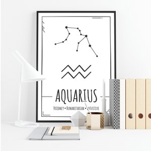 Impresión de signo del zodíaco de Acuario, impresión de constelación, impresión de signo de estrella, impresión de astrología, arte de pared del zodiaco, impresión del horóscopo, gráfico de estrellas de Acuario