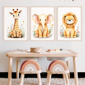 Safari Nursery Animal Prints Set of 3 – Giraffe, Elephant & Lion Wall Art – Jungle Baby Room Decor – Neutral Safari Animal Posters